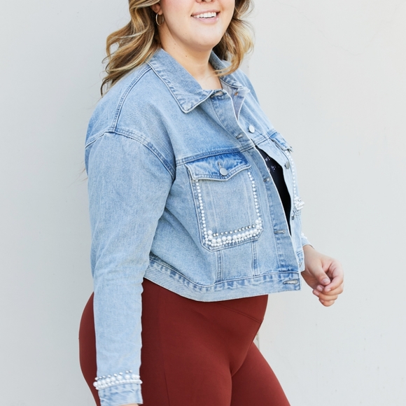 Pearl Trim Cropped Denim Jacket - Picture 11 of 11